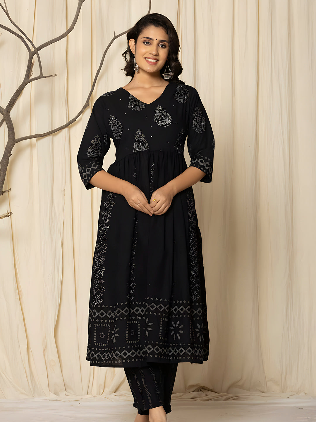 Printed Cotton Anarkali Kurta With Pant & Dupatta, Black - Hiral Fashion - Distacart