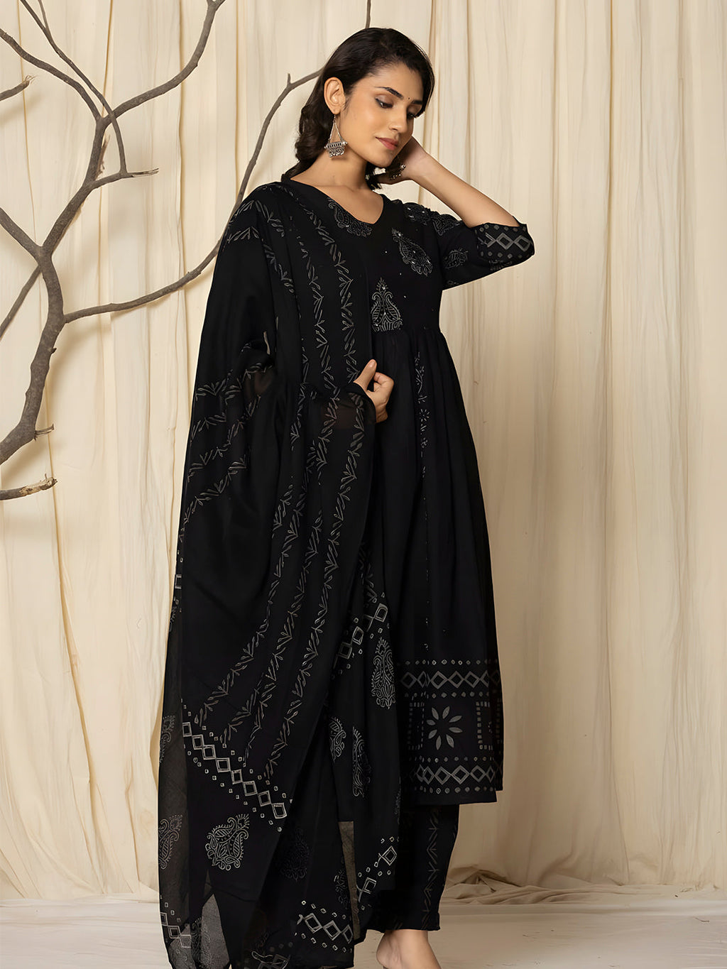 Printed Cotton Anarkali Kurta With Pant & Dupatta, Black - Hiral Fashion - Distacart