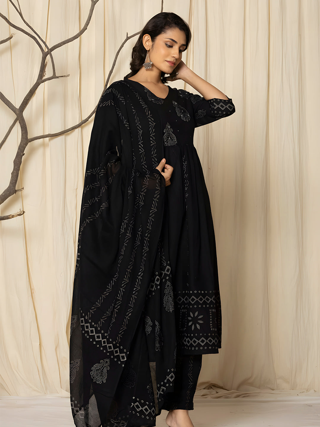 Printed Cotton Anarkali Kurta With Pant & Dupatta, Black - Hiral Fashion - Distacart
