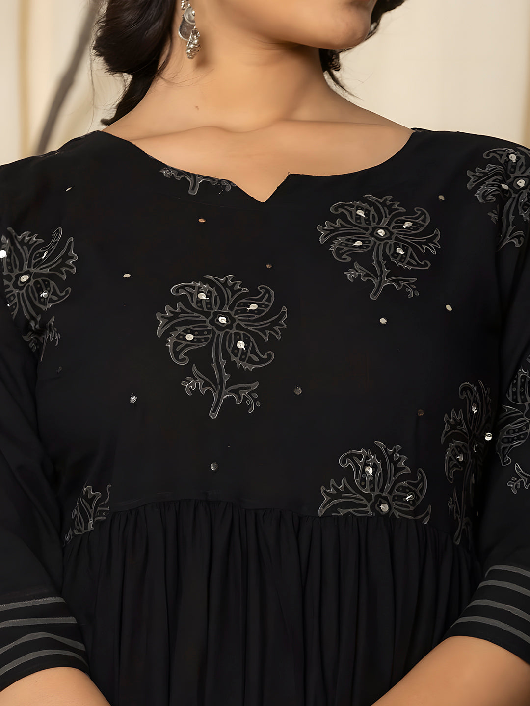 Printed Cotton Anarkali Kurta With Pant & Dupatta, Black - Hiral Fashion - Distacart