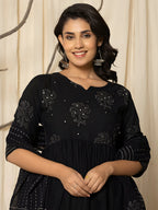 Printed Cotton Anarkali Kurta With Pant & Dupatta, Black - Hiral Fashion - Distacart