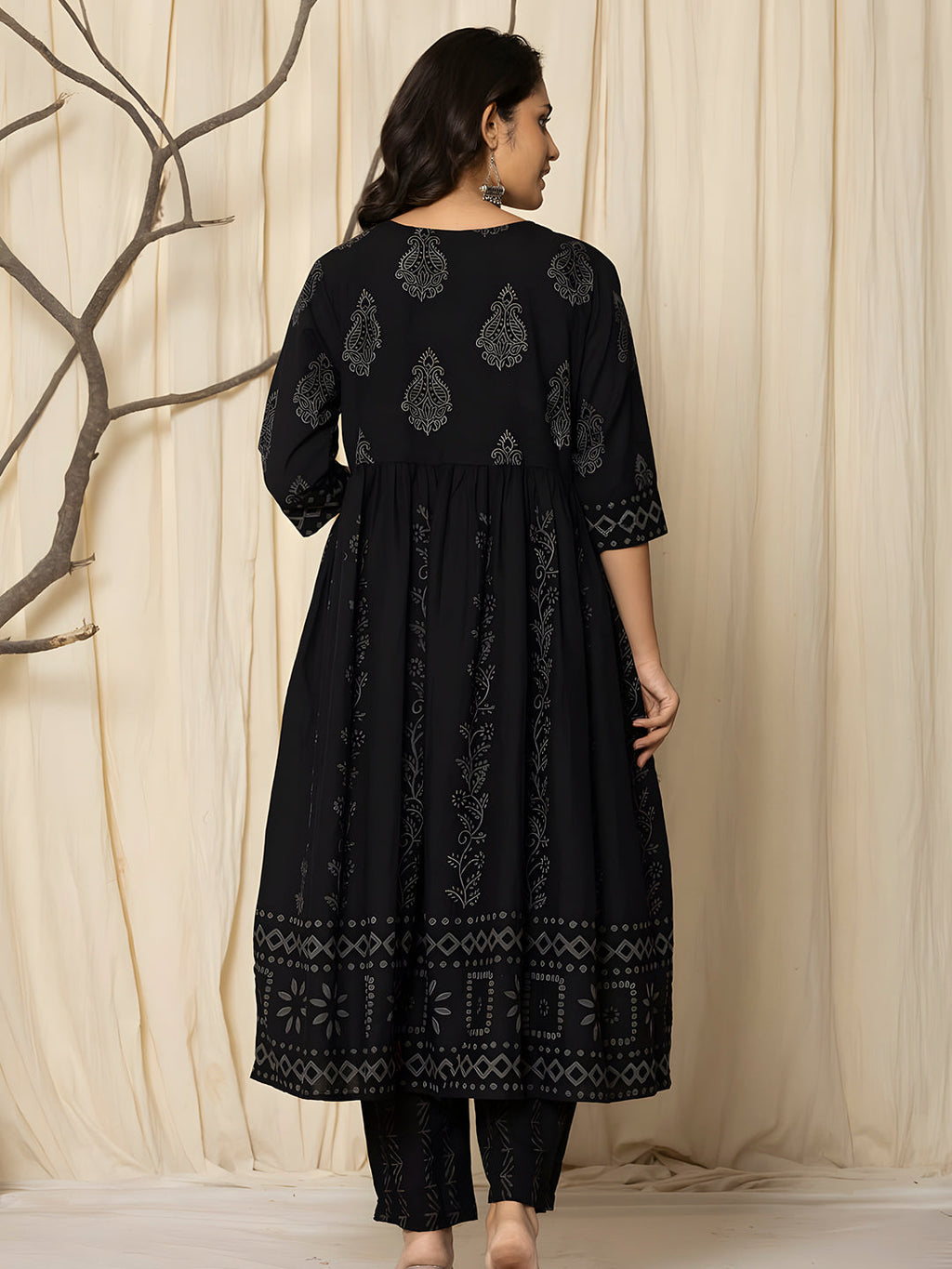 Printed Cotton Anarkali Kurta With Pant & Dupatta, Black - Hiral Fashion - Distacart
