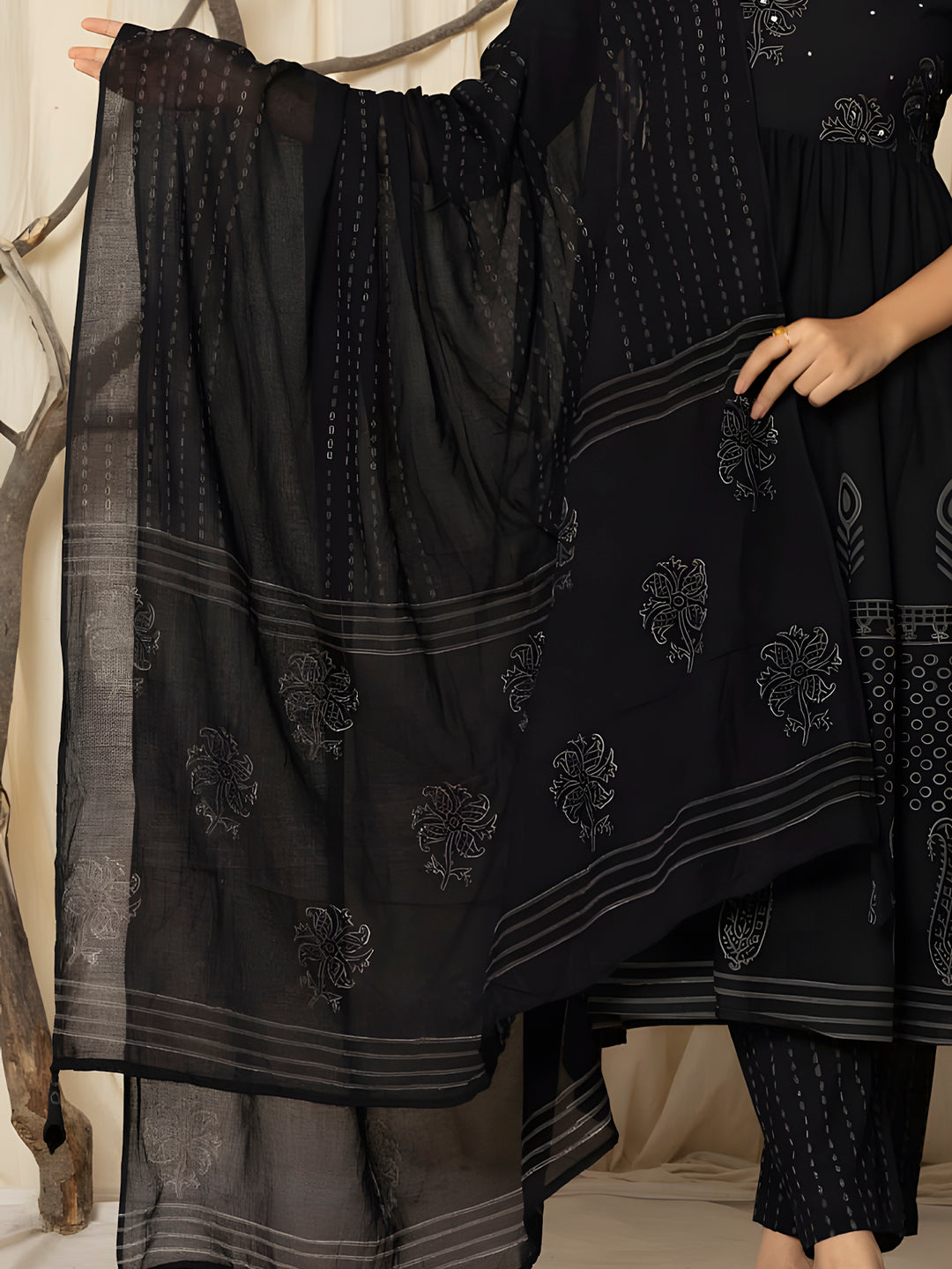 Printed Cotton Anarkali Kurta With Pant & Dupatta, Black - Hiral Fashion - Distacart