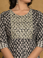Printed Cotton Anarkali Kurta With Pant & Dupatta, Black - Hiral Fashion - Distacart