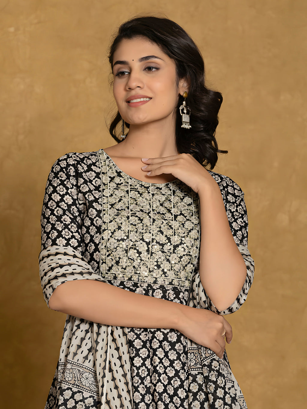 Printed Cotton Anarkali Kurta With Pant & Dupatta, Black - Hiral Fashion - Distacart