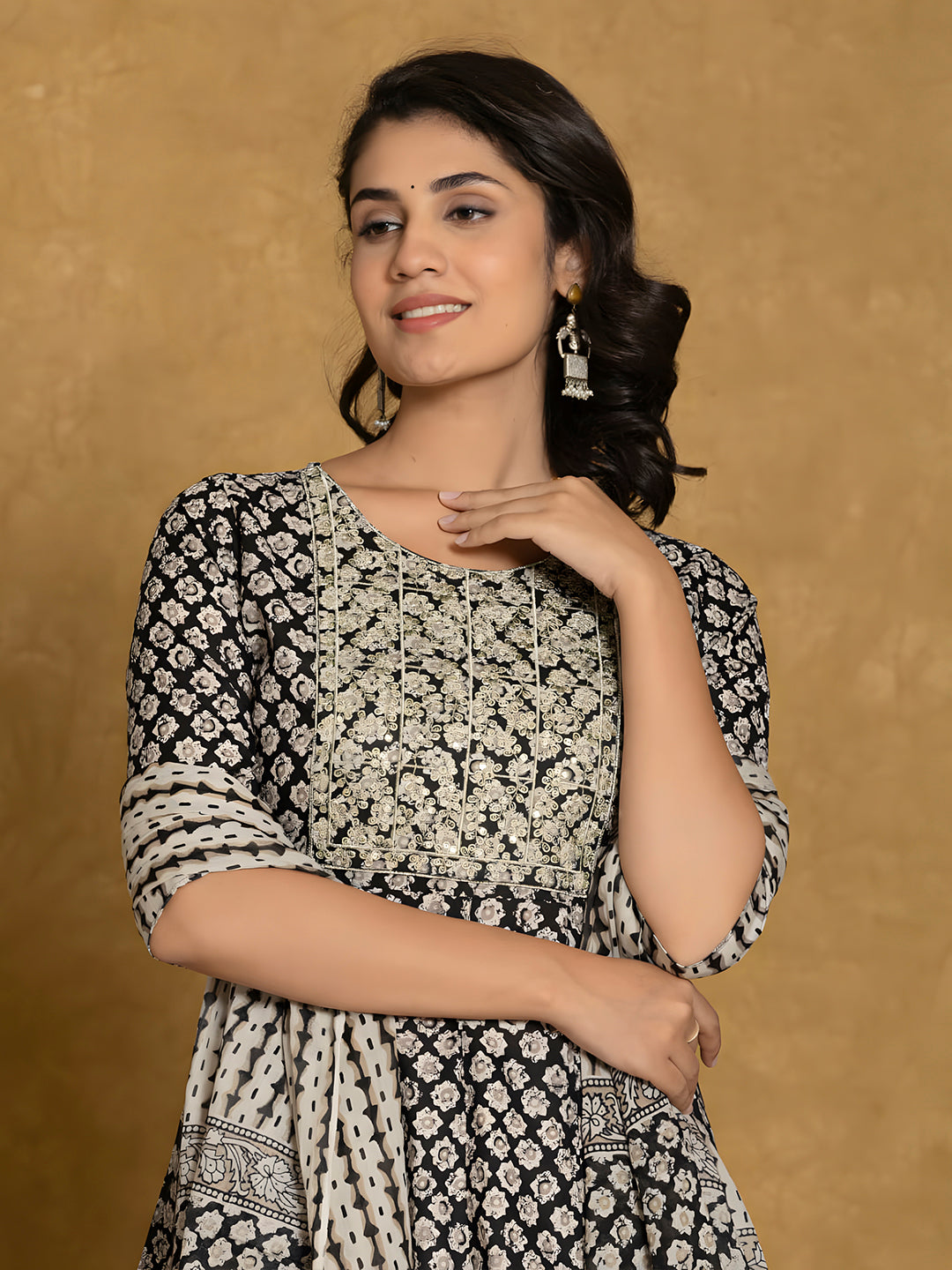 Printed Cotton Anarkali Kurta With Pant & Dupatta, Black - Hiral Fashion - Distacart