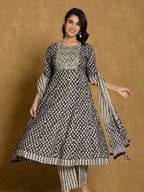 Printed Cotton Anarkali Kurta With Pant & Dupatta, Black - Hiral Fashion - Distacart