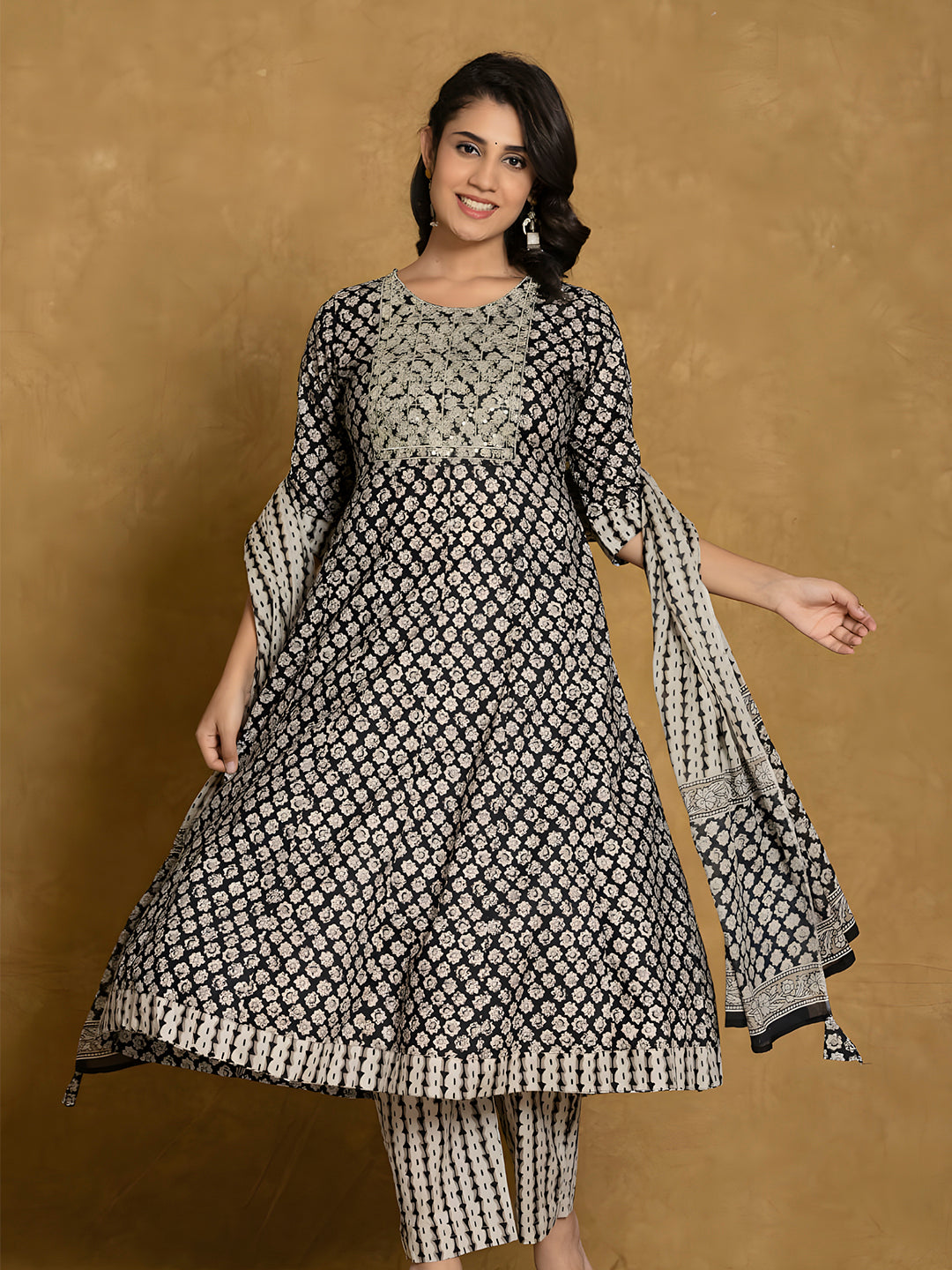 Printed Cotton Anarkali Kurta With Pant & Dupatta, Black - Hiral Fashion - Distacart