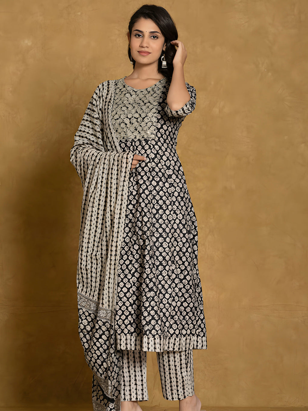 Printed Cotton Anarkali Kurta With Pant & Dupatta, Black - Hiral Fashion - Distacart