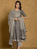 Printed Cotton Anarkali Kurta With Pant & Dupatta, Black - Hiral Fashion - Distacart