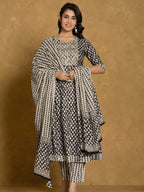 Printed Cotton Anarkali Kurta With Pant & Dupatta, Black - Hiral Fashion - Distacart