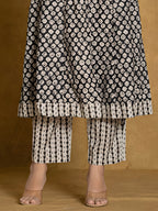 Printed Cotton Anarkali Kurta With Pant & Dupatta, Black - Hiral Fashion - Distacart