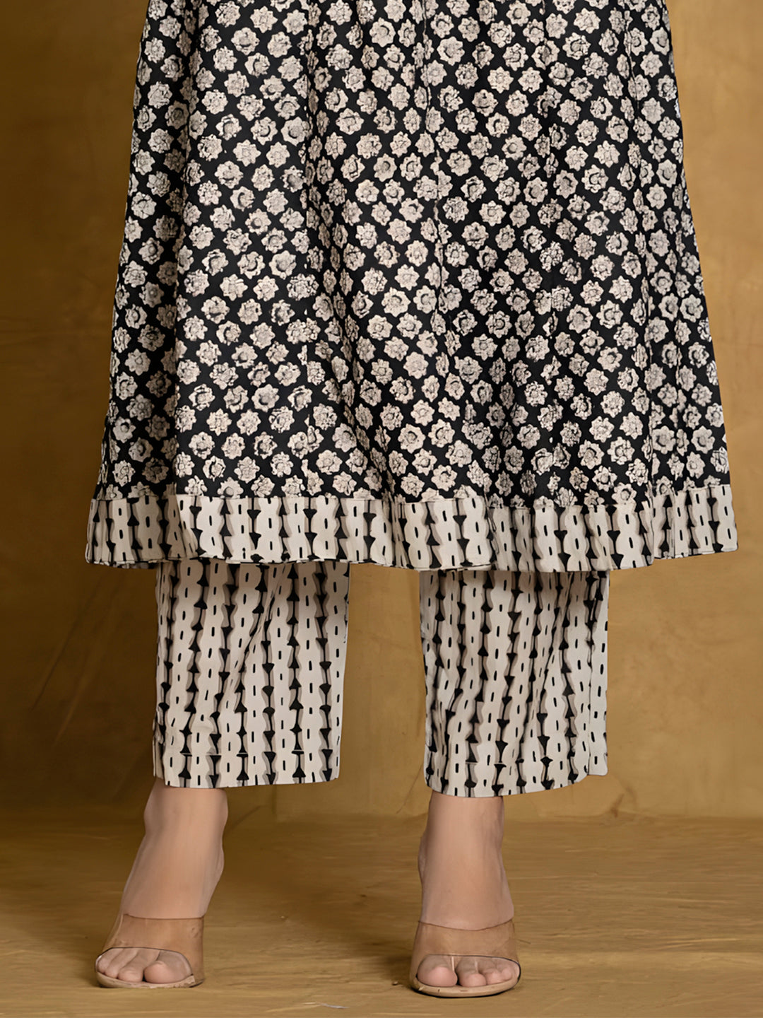 Printed Cotton Anarkali Kurta With Pant & Dupatta, Black - Hiral Fashion - Distacart