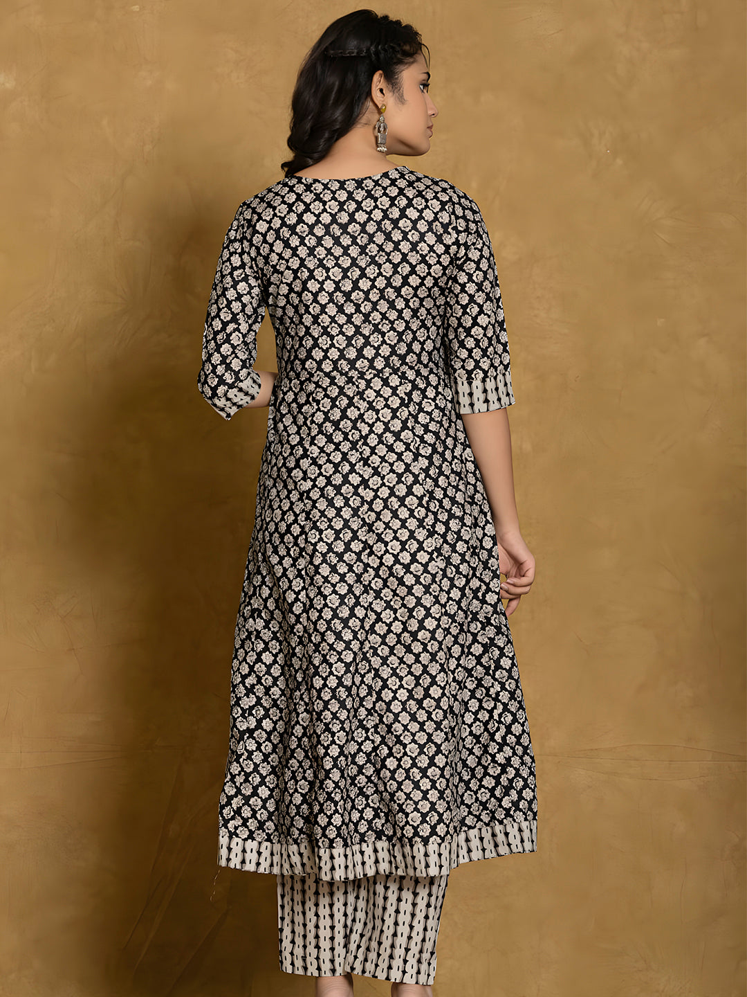 Printed Cotton Anarkali Kurta With Pant & Dupatta, Black - Hiral Fashion - Distacart