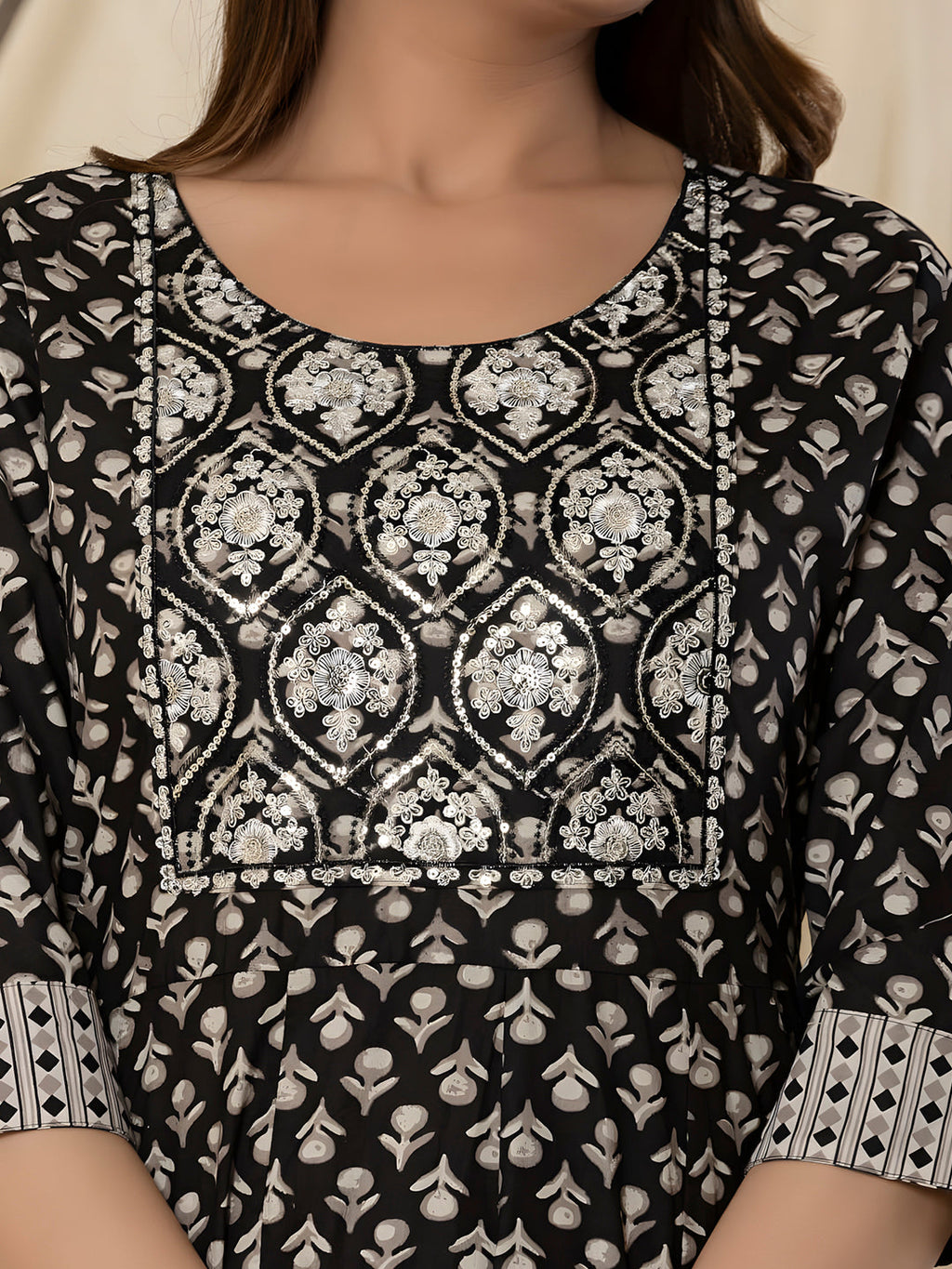 Printed Cotton Anarkali Kurta With Pant & Dupatta, Black - Hiral Fashion - Distacart