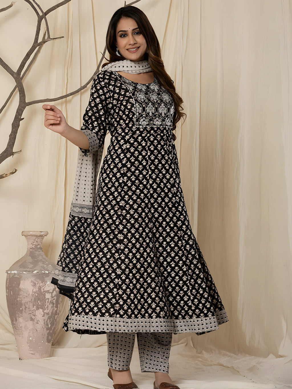 Printed Cotton Anarkali Kurta With Pant & Dupatta, Black - Hiral Fashion - Distacart
