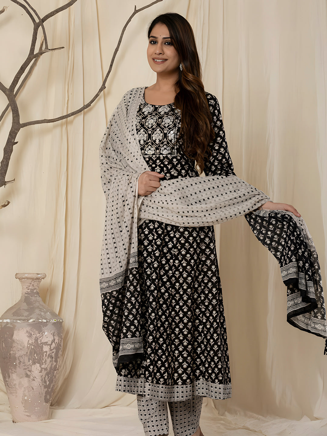 Printed Cotton Anarkali Kurta With Pant & Dupatta, Black - Hiral Fashion - Distacart