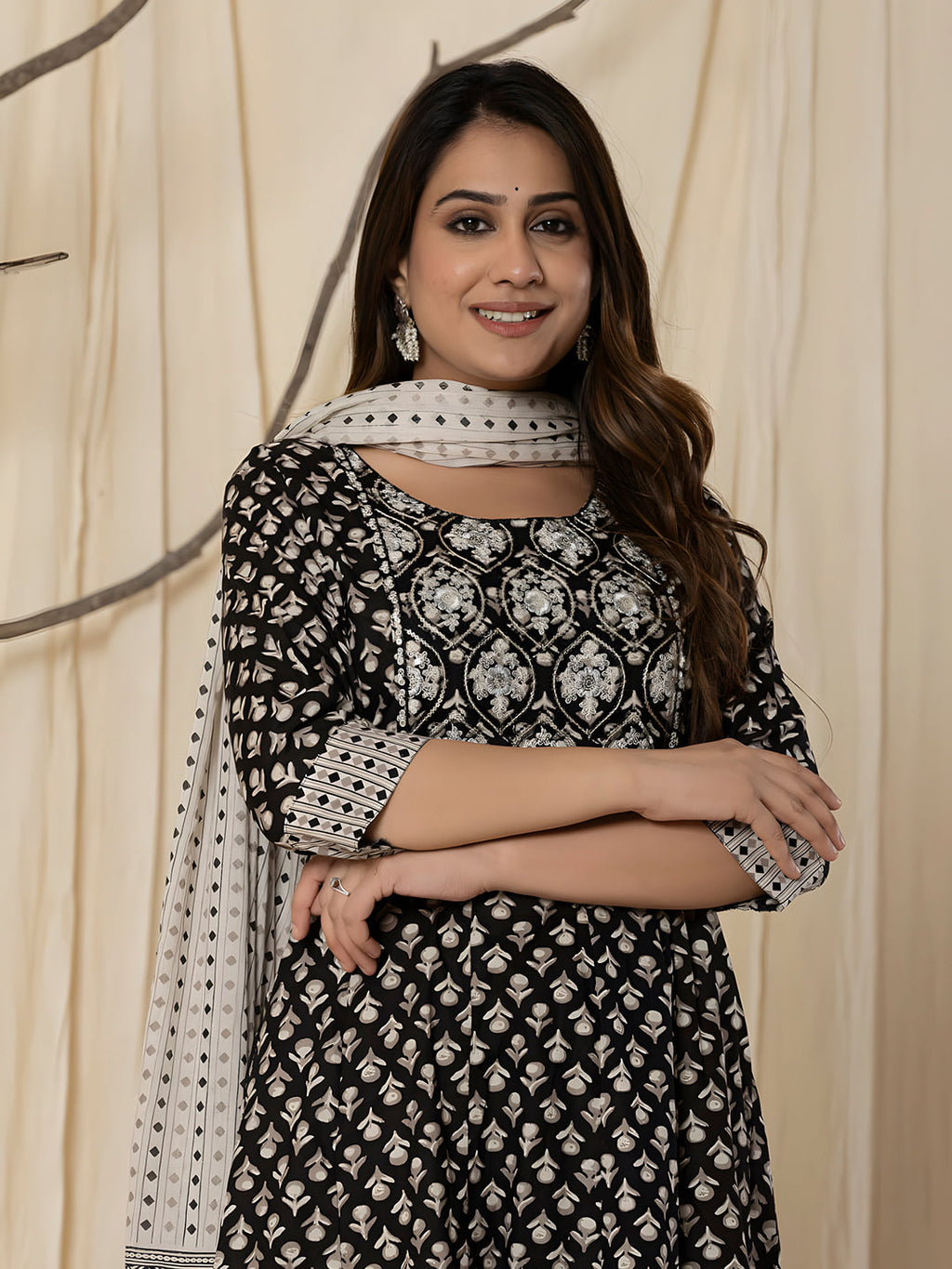 Printed Cotton Anarkali Kurta With Pant & Dupatta, Black - Hiral Fashion - Distacart