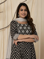 Printed Cotton Anarkali Kurta With Pant & Dupatta, Black - Hiral Fashion - Distacart