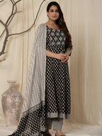 Printed Cotton Anarkali Kurta With Pant & Dupatta, Black - Hiral Fashion - Distacart
