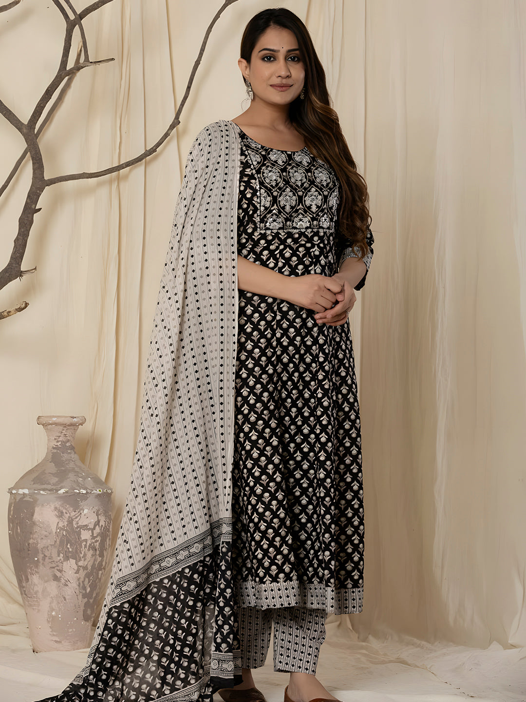Printed Cotton Anarkali Kurta With Pant & Dupatta, Black - Hiral Fashion - Distacart