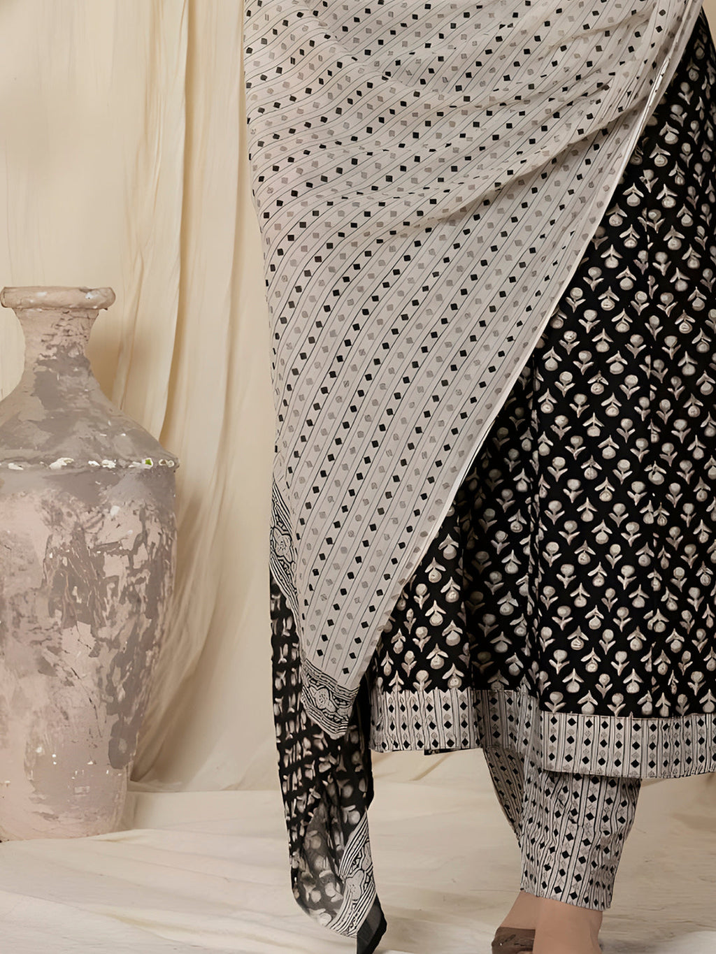 Printed Cotton Anarkali Kurta With Pant & Dupatta, Black - Hiral Fashion - Distacart