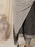 Printed Cotton Anarkali Kurta With Pant & Dupatta, Black - Hiral Fashion - Distacart