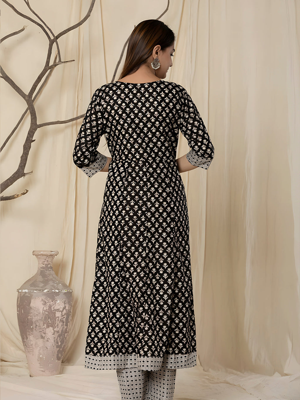 Printed Cotton Anarkali Kurta With Pant & Dupatta, Black - Hiral Fashion - Distacart
