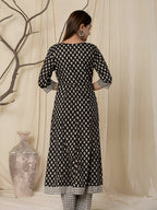 Printed Cotton Anarkali Kurta With Pant & Dupatta, Black - Hiral Fashion - Distacart