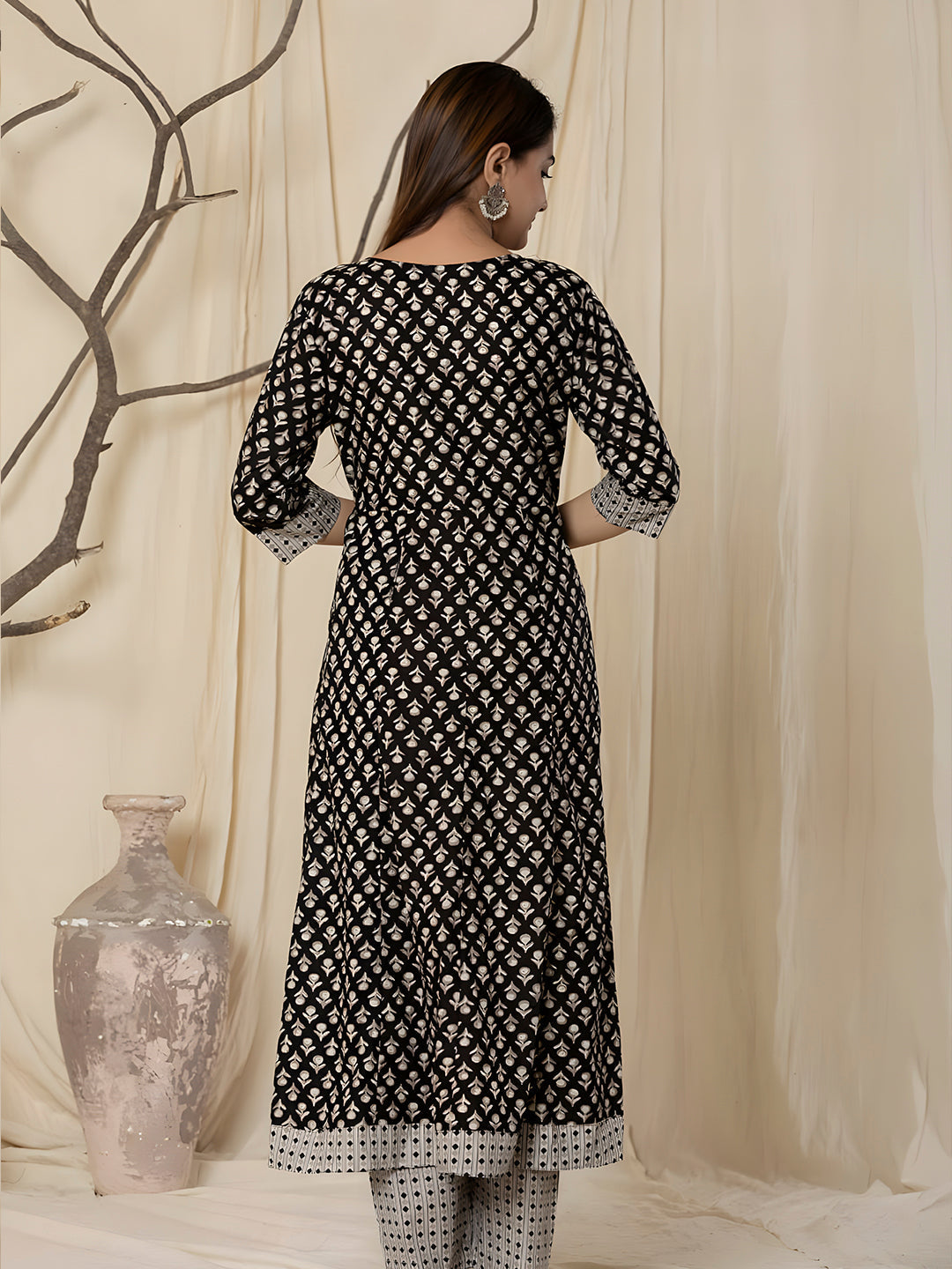 Printed Cotton Anarkali Kurta With Pant & Dupatta, Black - Hiral Fashion - Distacart