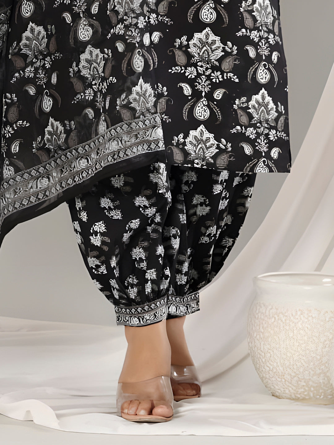 Printed Cotton Straight Kurta With Pant & Dupatta, Black - Hiral Fashion - Distacart