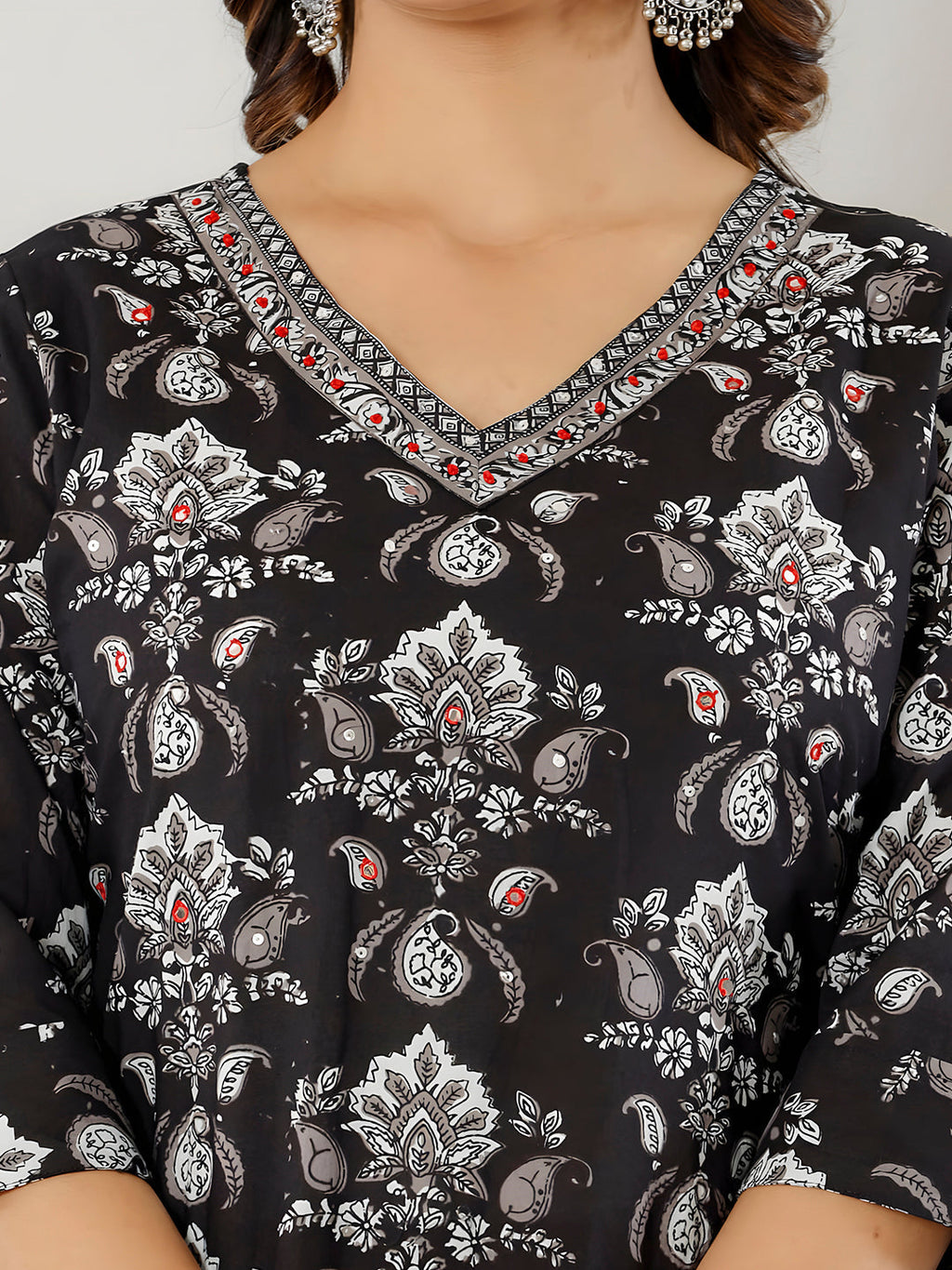 Printed Cotton Straight Kurta With Pant & Dupatta, Black - Hiral Fashion - Distacart