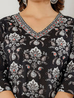 Printed Cotton Straight Kurta With Pant & Dupatta, Black - Hiral Fashion - Distacart