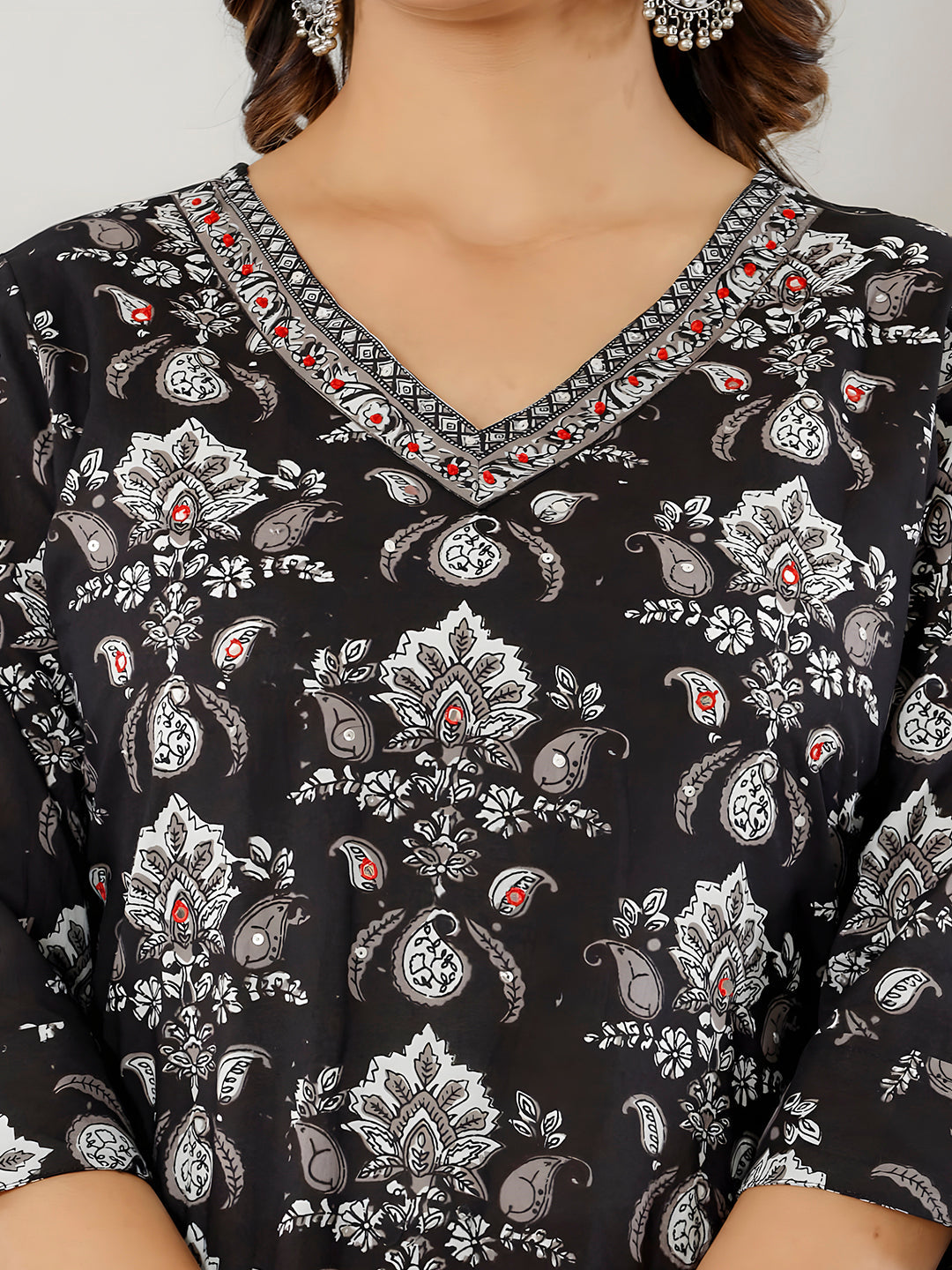Printed Cotton Straight Kurta With Pant & Dupatta, Black - Hiral Fashion - Distacart