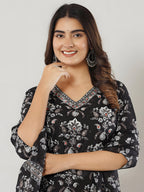 Printed Cotton Straight Kurta With Pant & Dupatta, Black - Hiral Fashion - Distacart