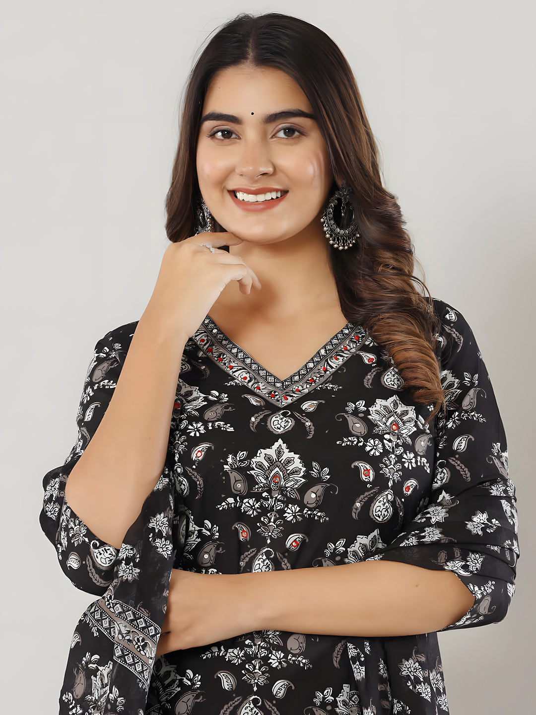 Printed Cotton Straight Kurta With Pant & Dupatta, Black - Hiral Fashion - Distacart
