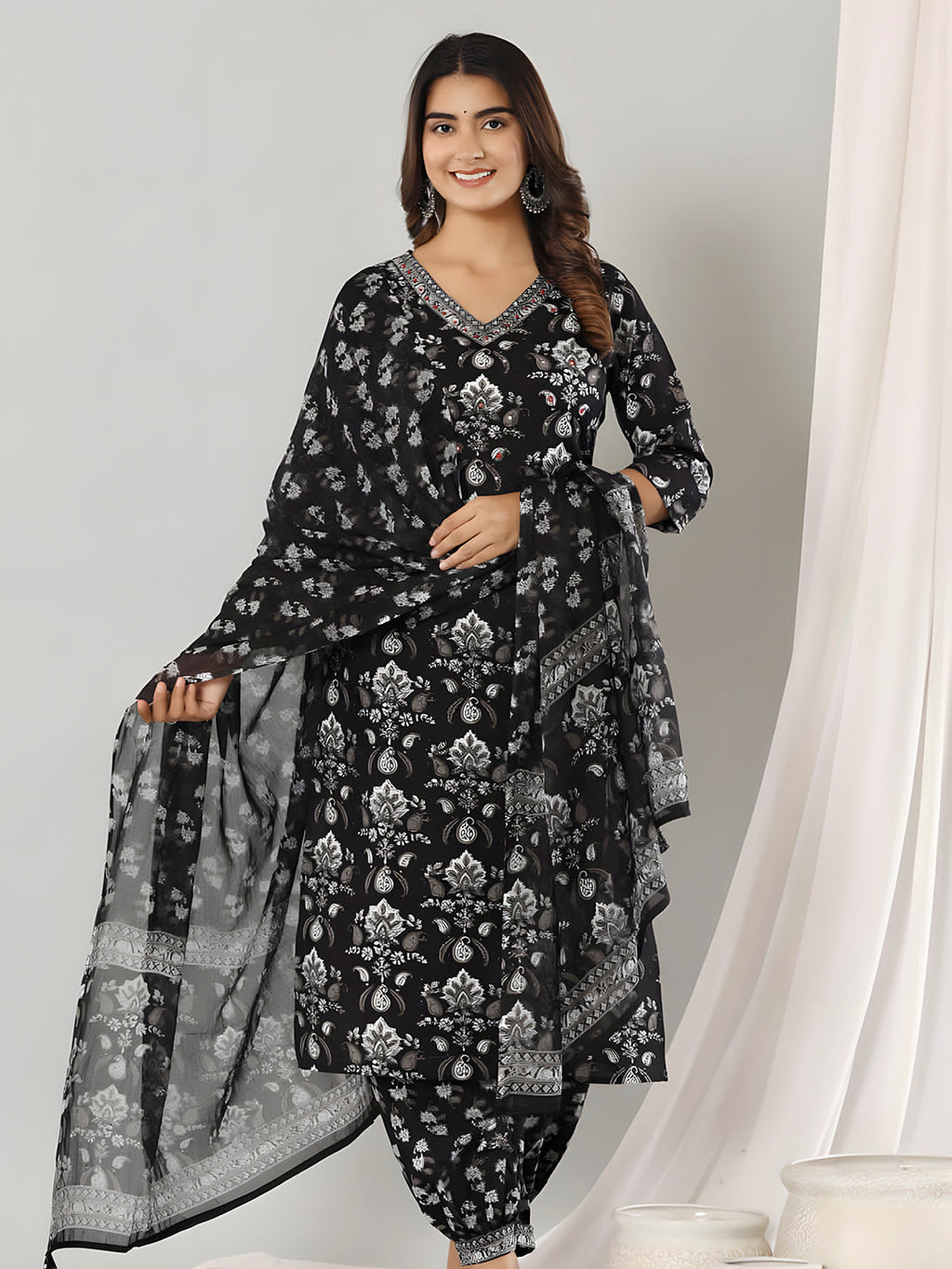 Printed Cotton Straight Kurta With Pant & Dupatta, Black - Hiral Fashion - Distacart