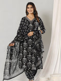 Printed Cotton Straight Kurta With Pant & Dupatta, Black - Hiral Fashion - Distacart