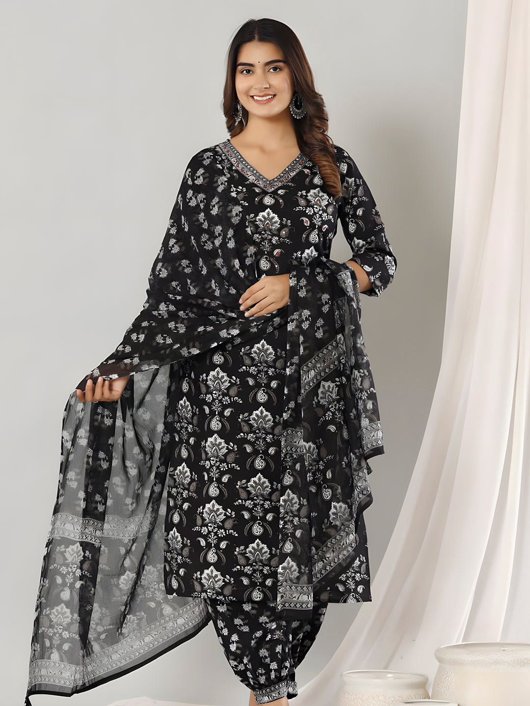 Printed Cotton Straight Kurta With Pant & Dupatta, Black - Hiral Fashion - Distacart