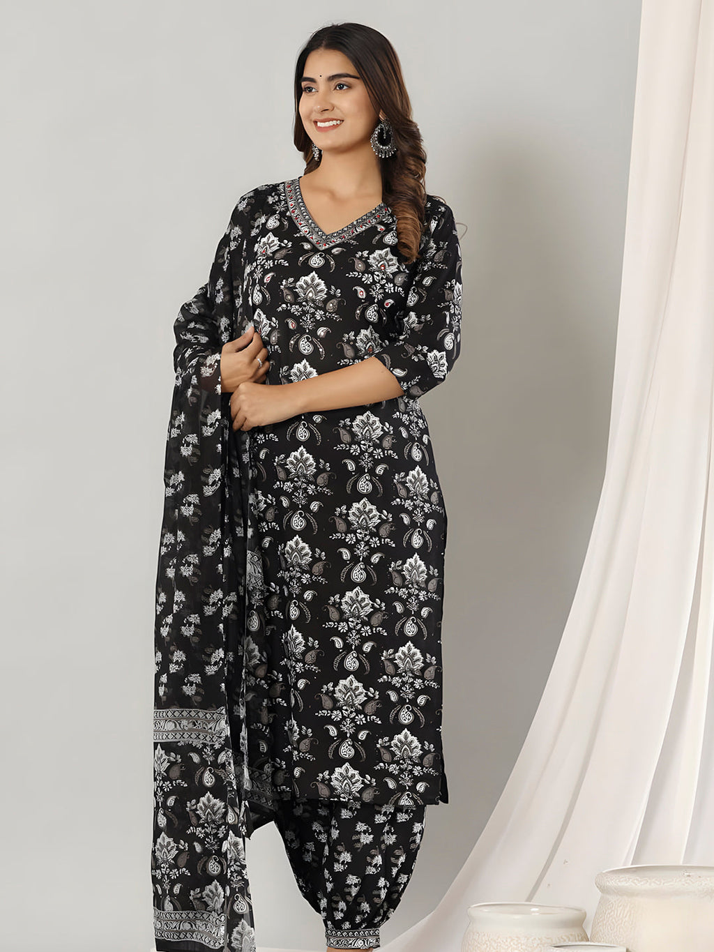 Printed Cotton Straight Kurta With Pant & Dupatta, Black - Hiral Fashion - Distacart