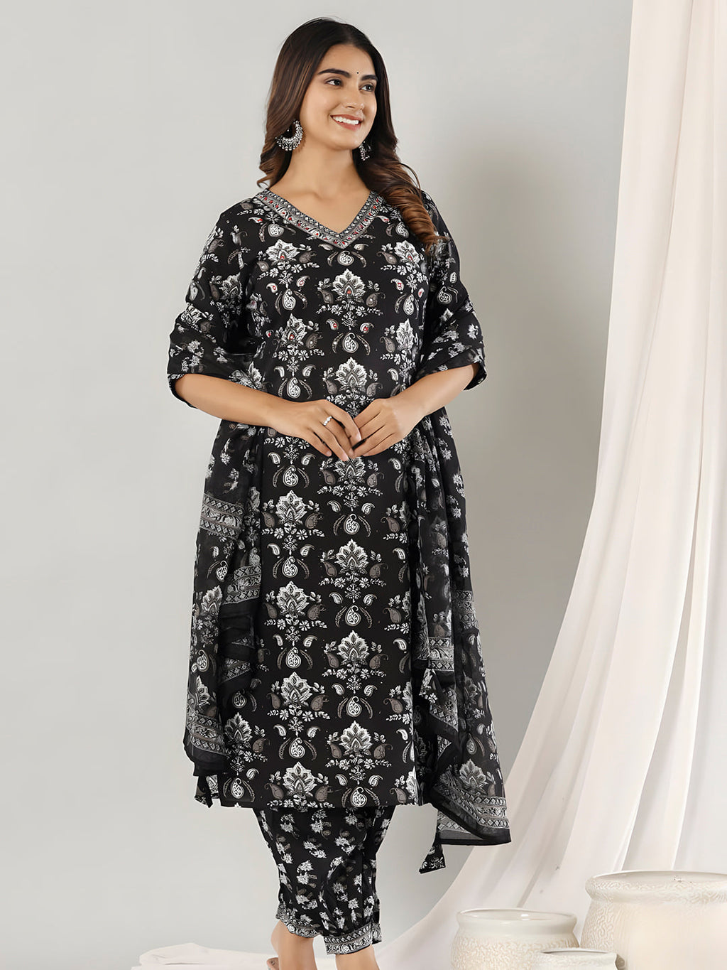 Printed Cotton Straight Kurta With Pant & Dupatta, Black - Hiral Fashion - Distacart