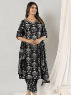 Printed Cotton Straight Kurta With Pant & Dupatta, Black - Hiral Fashion - Distacart