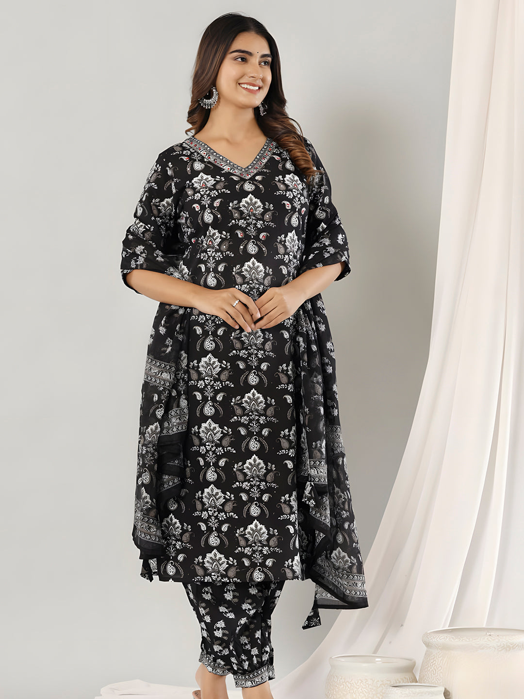 Printed Cotton Straight Kurta With Pant & Dupatta, Black - Hiral Fashion - Distacart