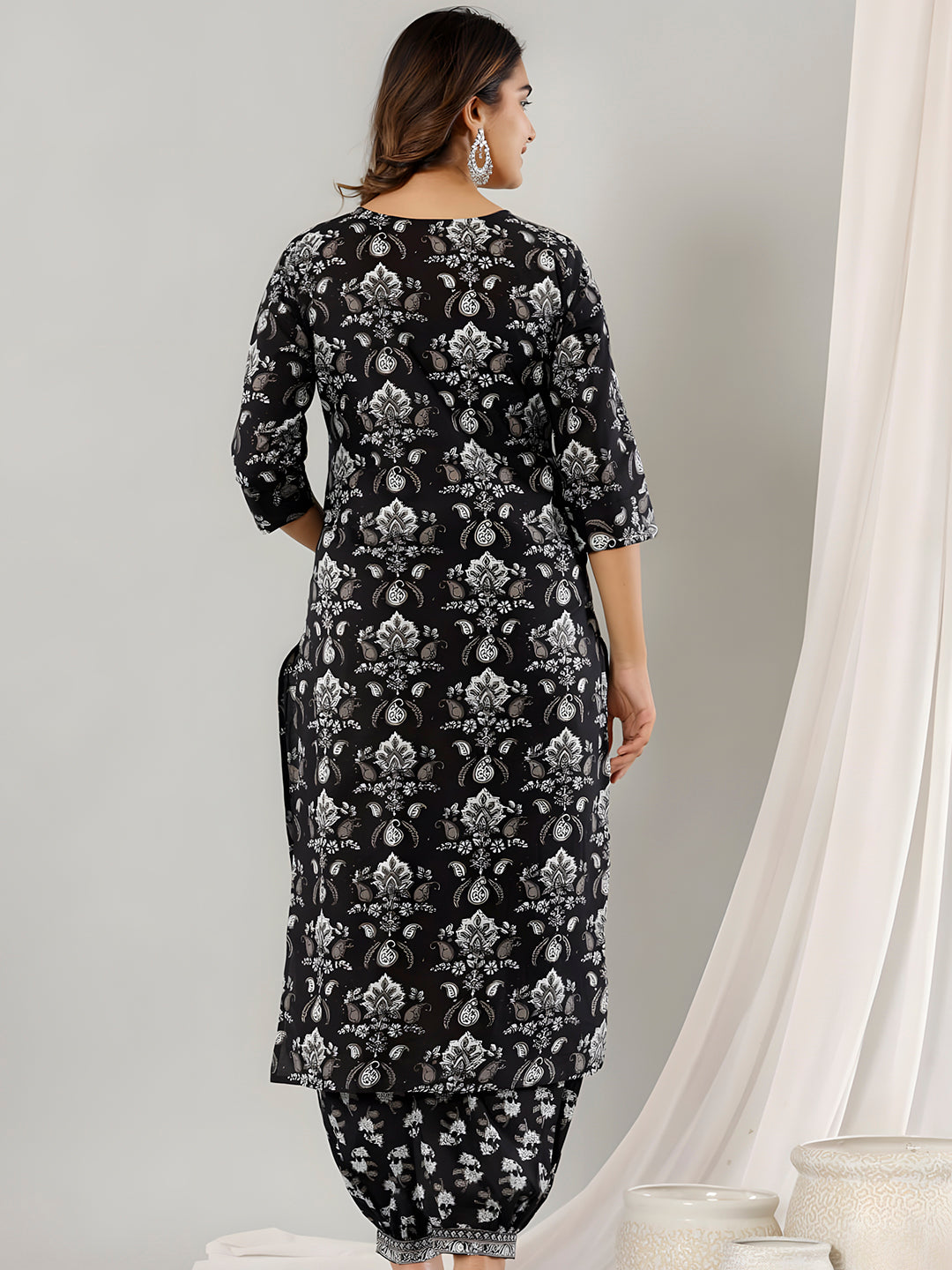 Printed Cotton Straight Kurta With Pant & Dupatta, Black - Hiral Fashion - Distacart