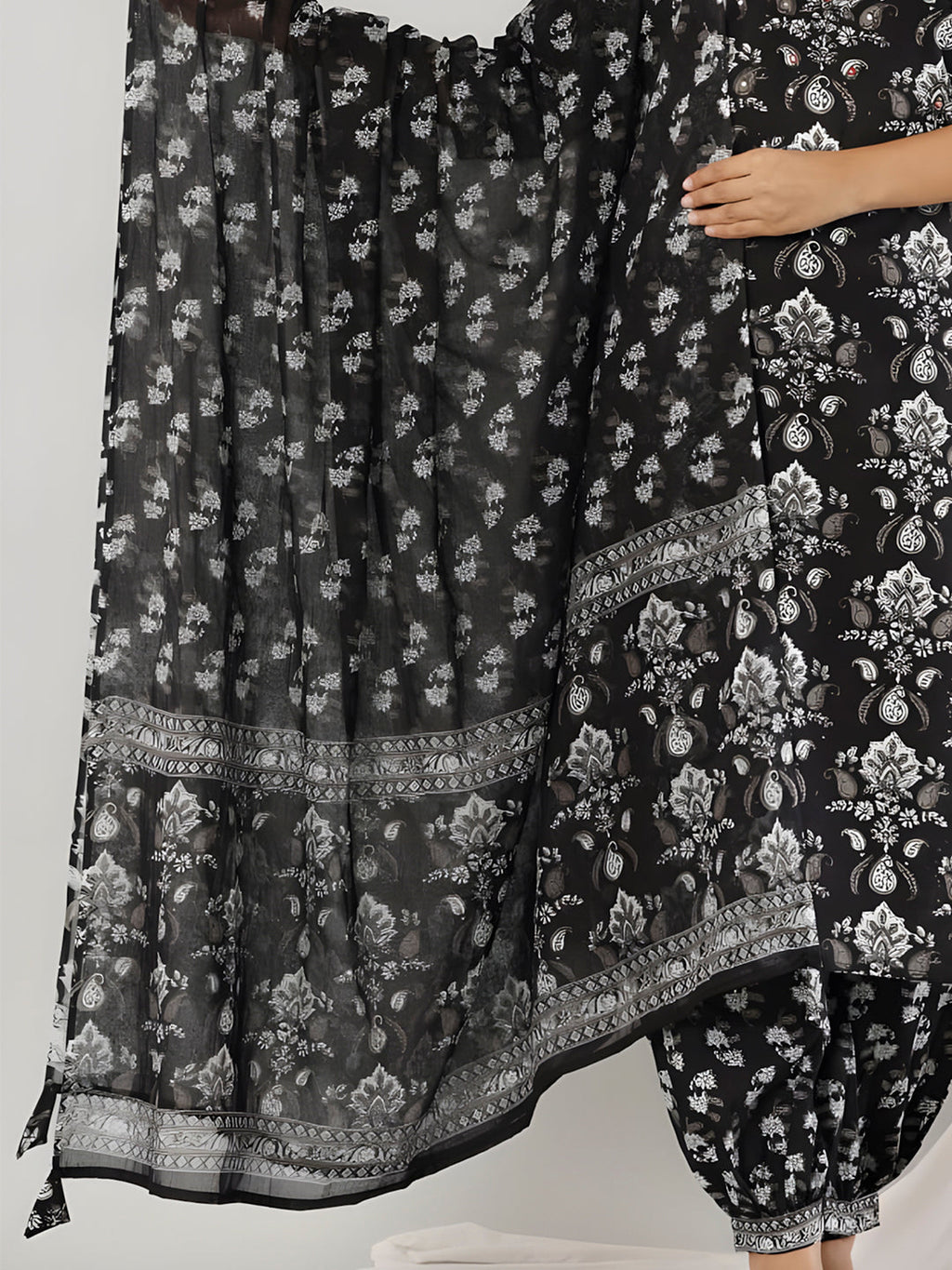 Printed Cotton Straight Kurta With Pant & Dupatta, Black - Hiral Fashion - Distacart