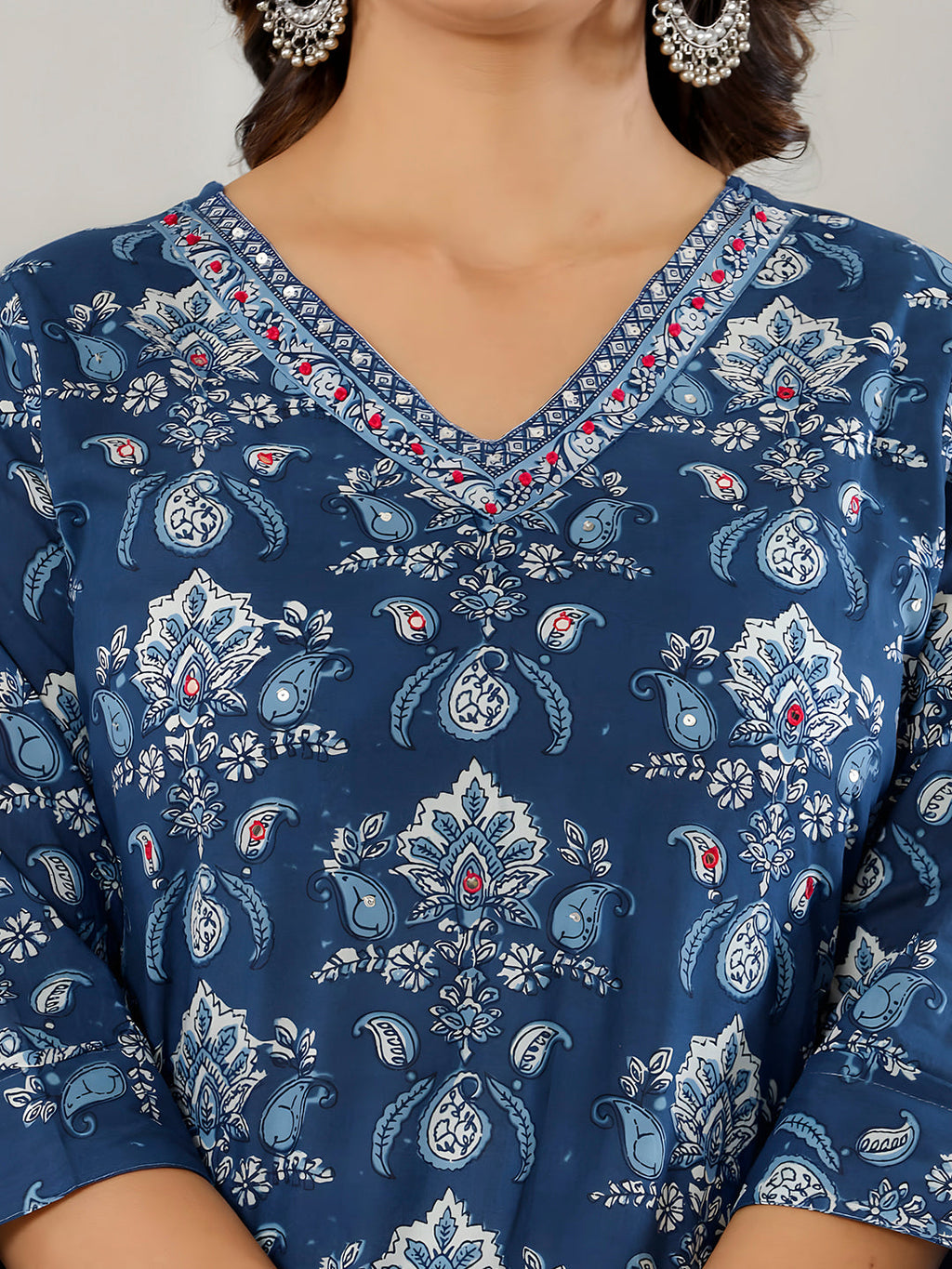 Printed Cotton Straight Kurta With Pant & Dupatta, Blue - Hiral Fashion - Distacart