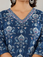 Printed Cotton Straight Kurta With Pant & Dupatta, Blue - Hiral Fashion - Distacart
