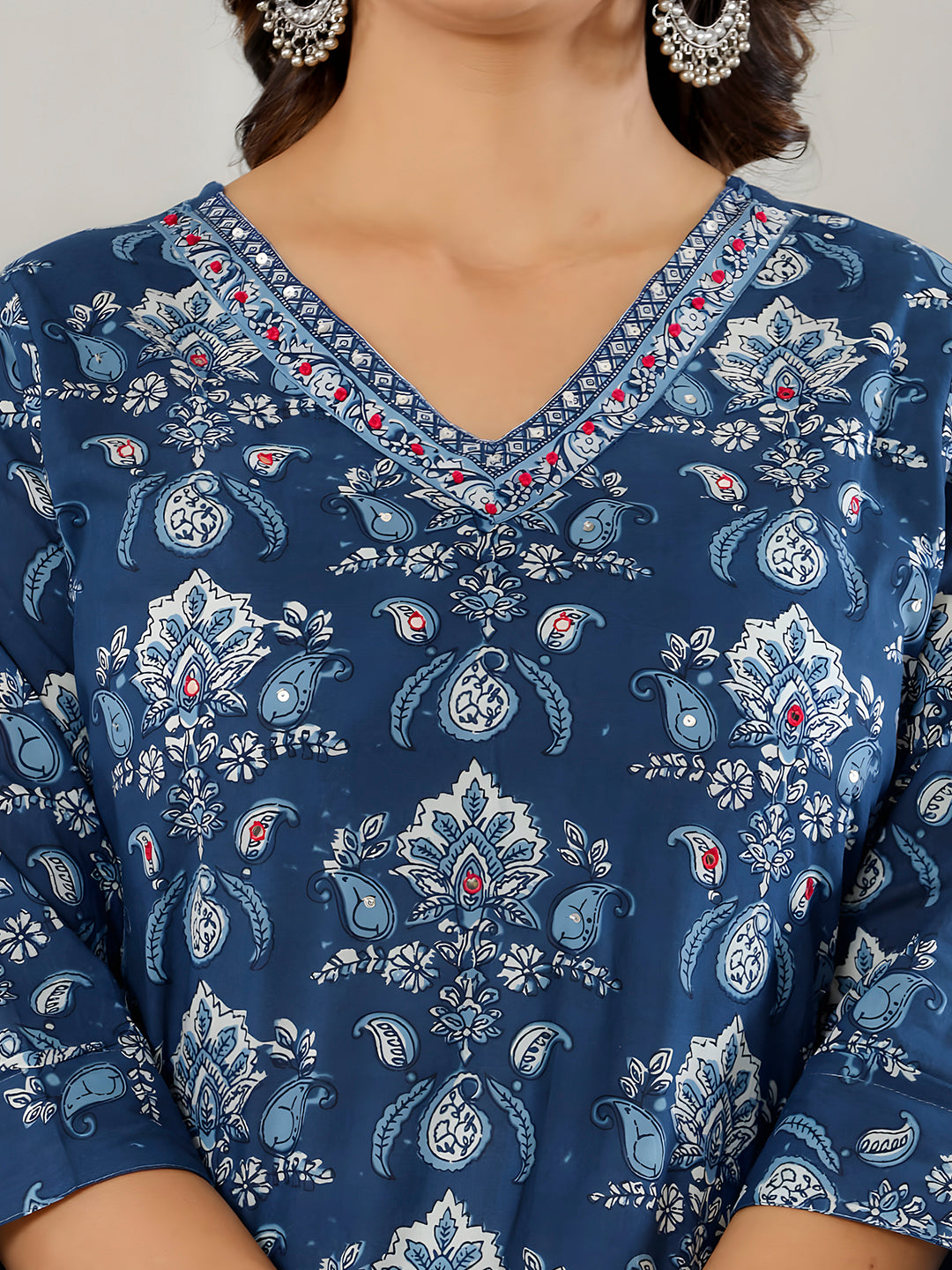 Printed Cotton Straight Kurta With Pant & Dupatta, Blue - Hiral Fashion - Distacart