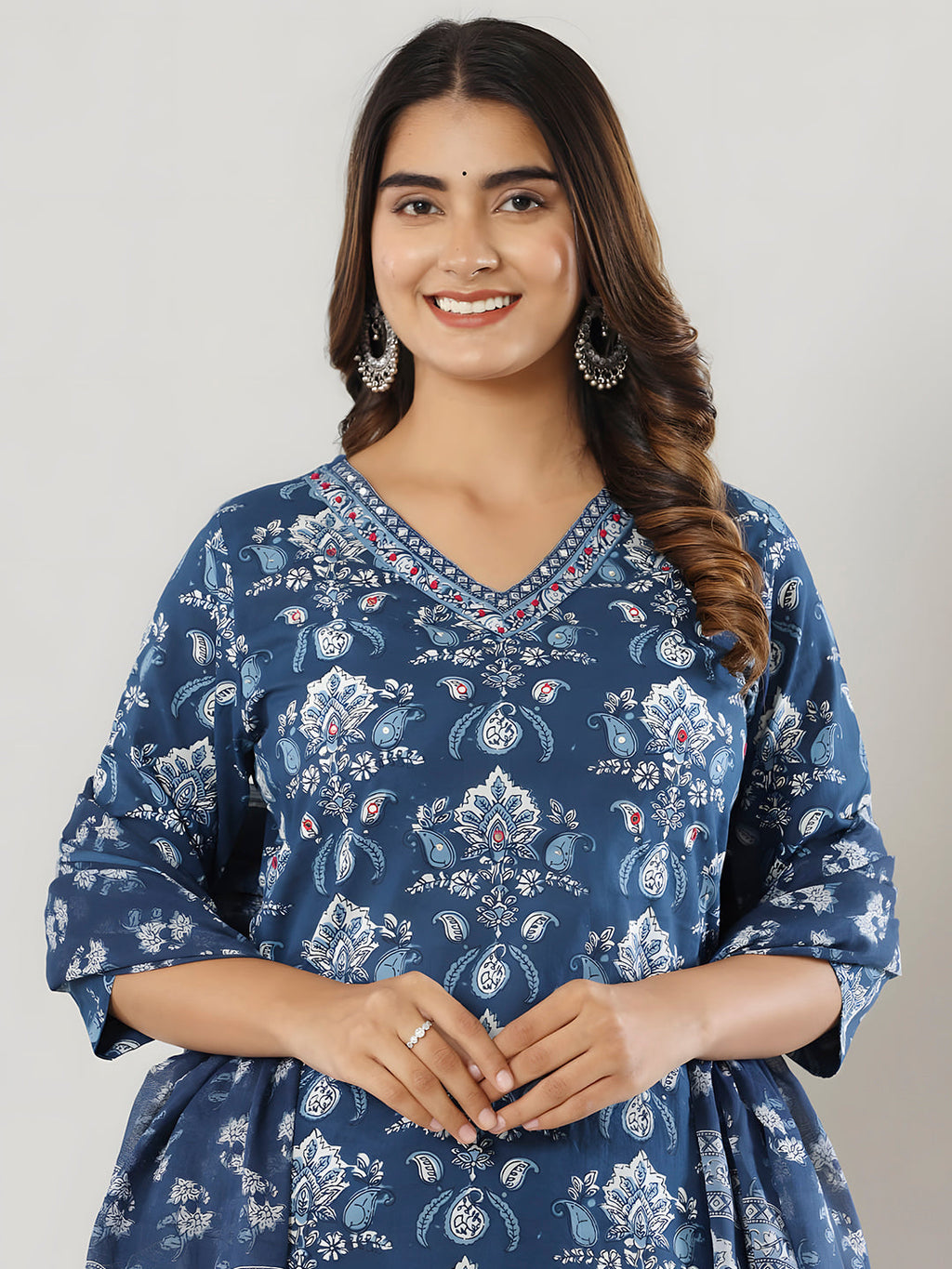 Printed Cotton Straight Kurta With Pant & Dupatta, Blue - Hiral Fashion - Distacart
