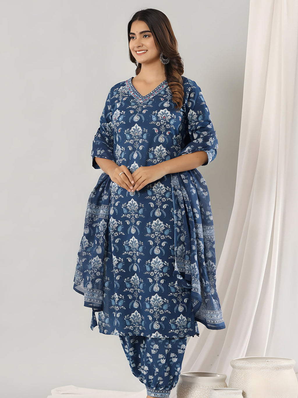 Printed Cotton Straight Kurta With Pant & Dupatta, Blue - Hiral Fashion - Distacart